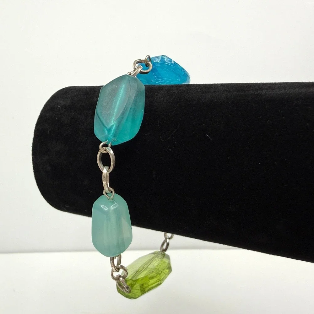 Chunky Acrylic Beaded Statement Necklace and Bracelet Set Blue Green Jewelry